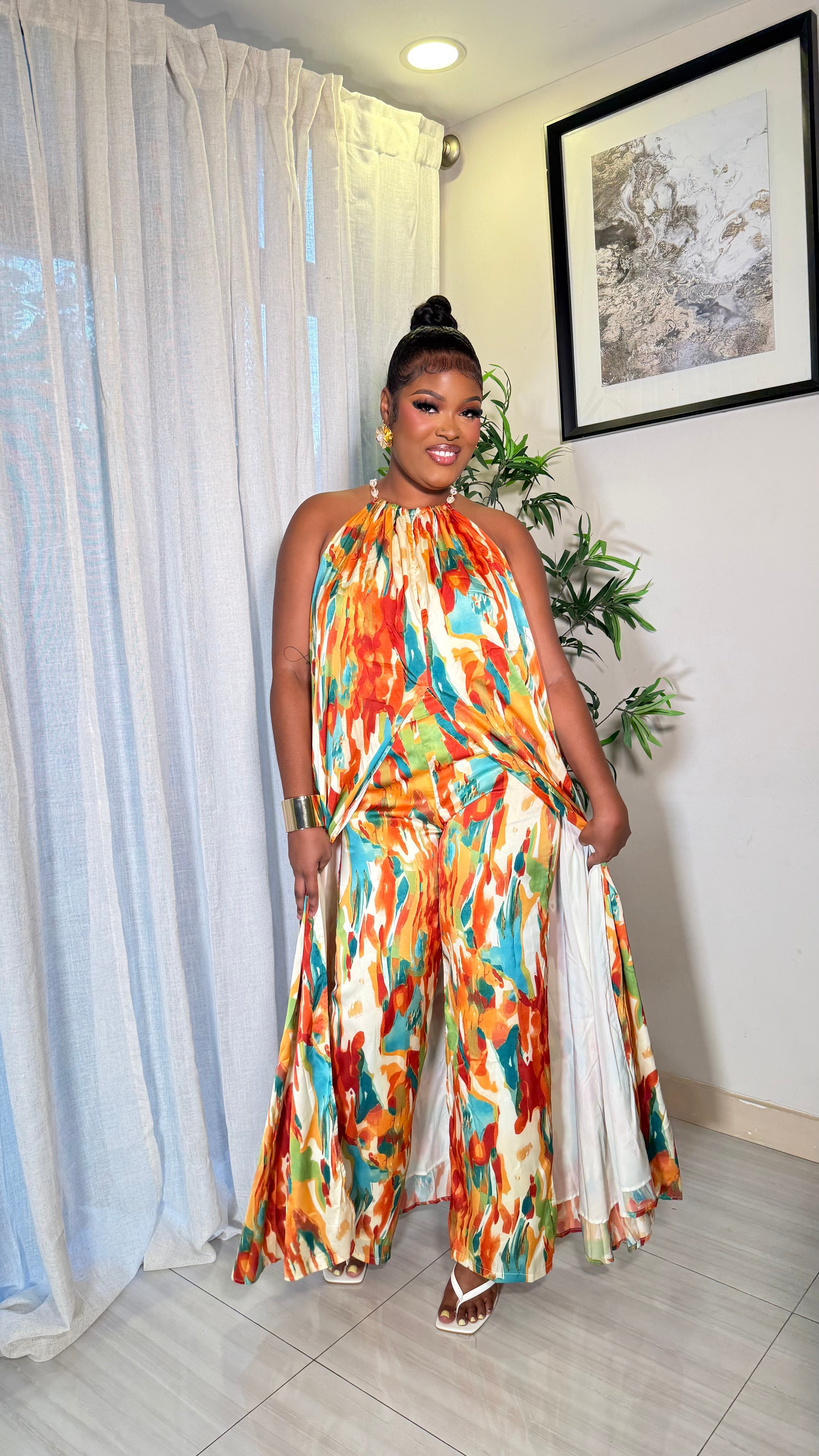 SUNSET OASIS PANTS SET (ORANGE MULTI COLOR)