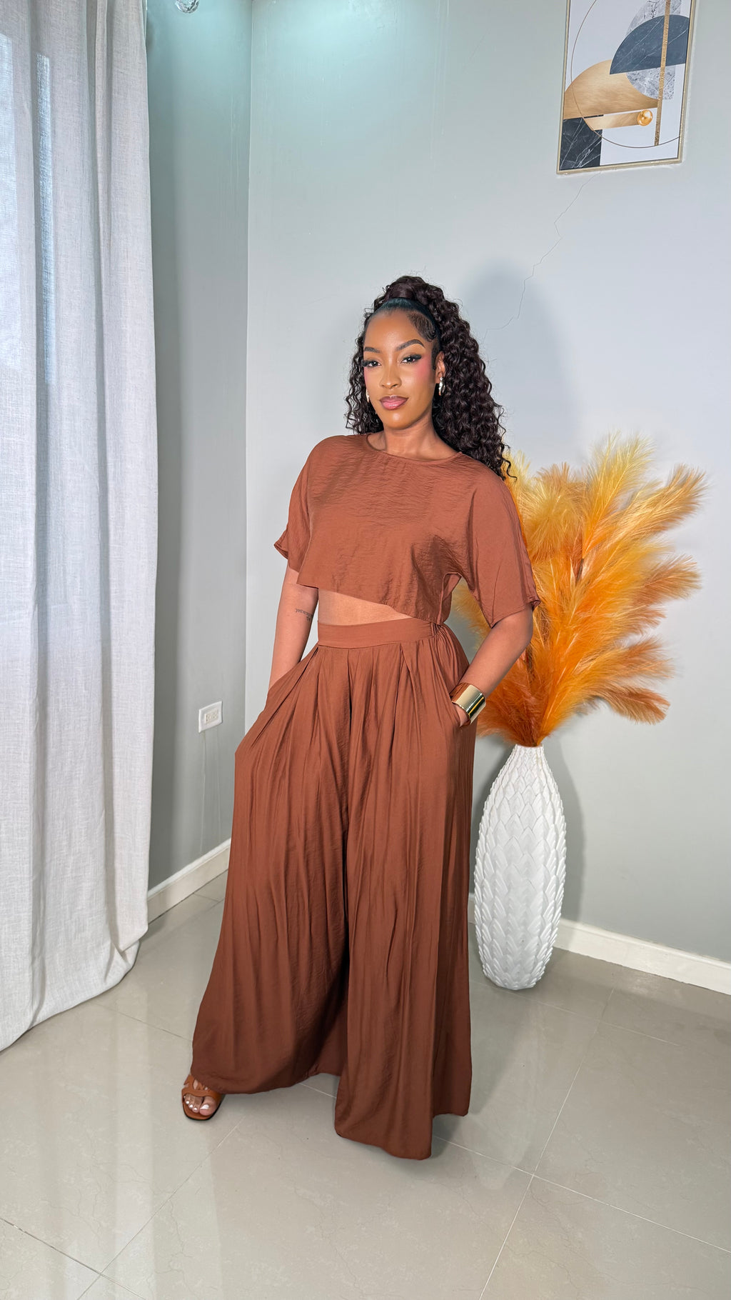 Amber Wide Leg Pants Set (BROWN)